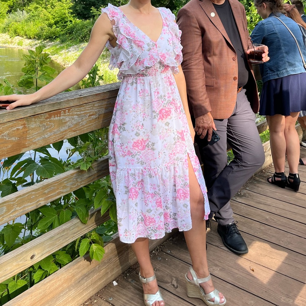 White and pink floral midi dress